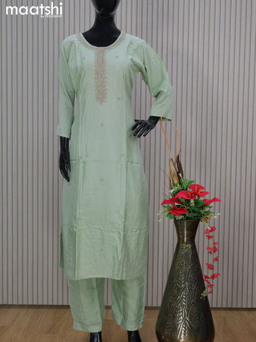 Muslin readymade salwar suits pastel green with sequin work neck pattern and straight cut pant & printed dupatta