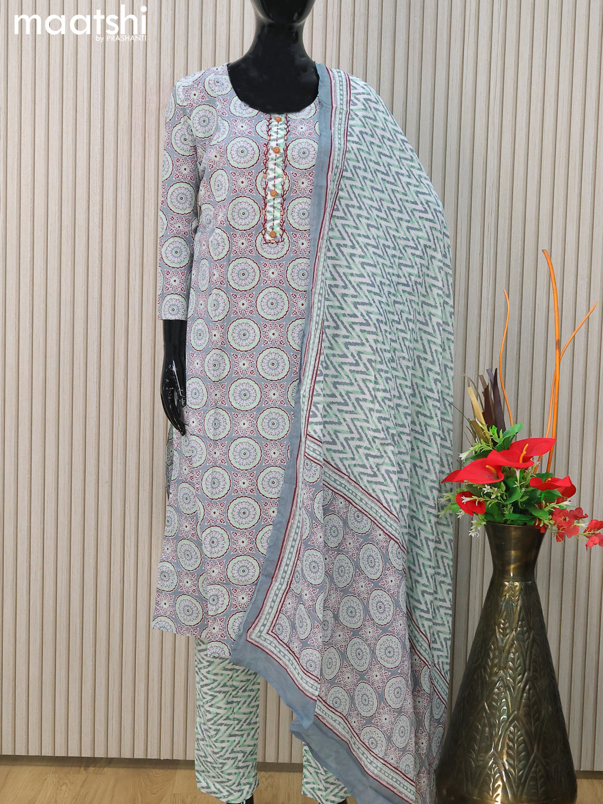 Cotton readymade salwar suits grey and off white with allover ajrakh prints & simple neck pattern and straight cut pant & cotton dupatta