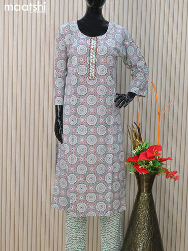 Cotton readymade salwar suits grey and off white with allover ajrakh prints & simple neck pattern and straight cut pant & cotton dupatta