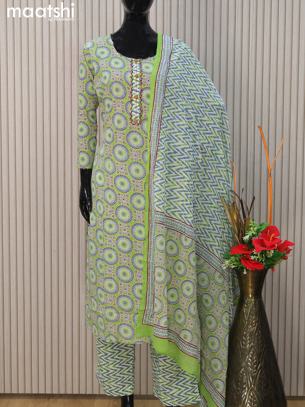 Cotton readymade salwar suits light green and off white with allover ajrakh prints & simple neck pattern and straight cut pant & cotton dupatta