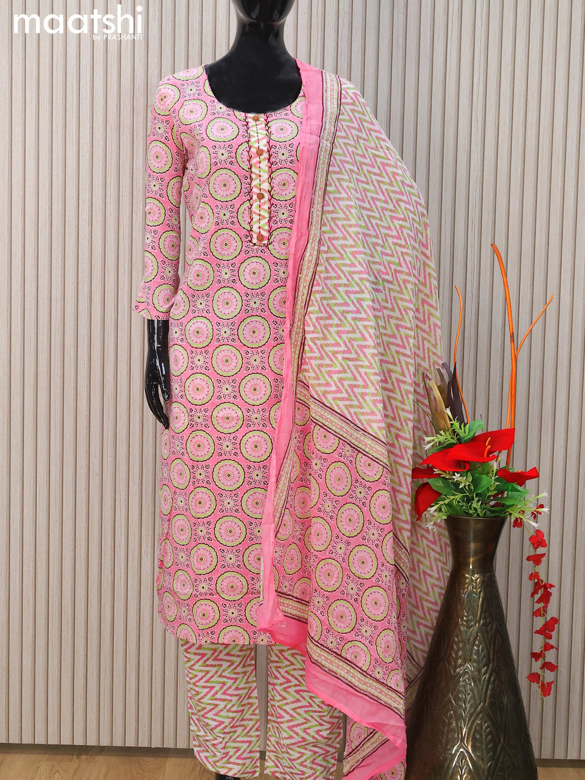 Cotton readymade salwar suits light pink and off white with allover ajrakh prints & simple neck pattern and straight cut pant & cotton dupatta