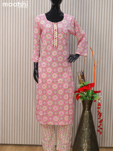 Cotton readymade salwar suits light pink and off white with allover ajrakh prints & simple neck pattern and straight cut pant & cotton dupatta