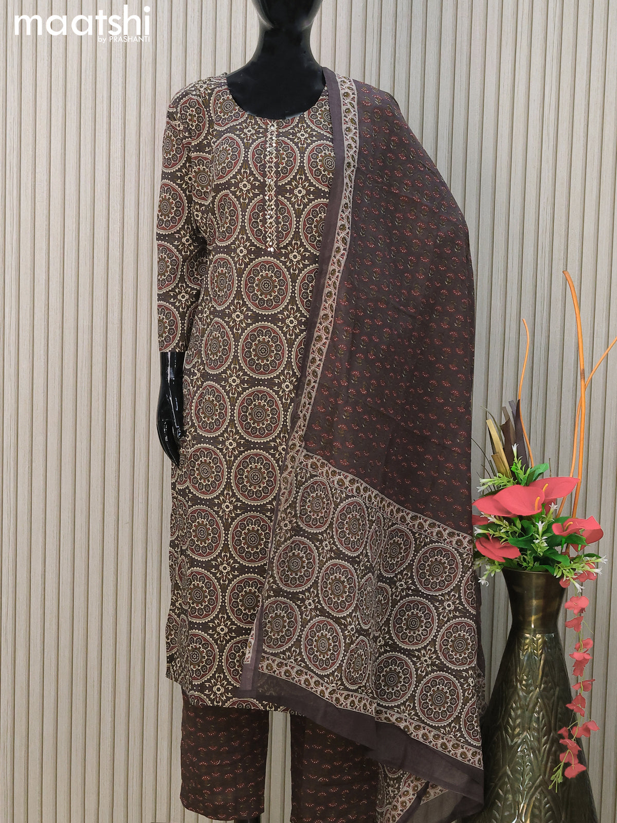 Cotton readymade salwar suits deep coffee brown with allover ajrakh prints & simple neck pattern and straight cut pant & cotton dupatta