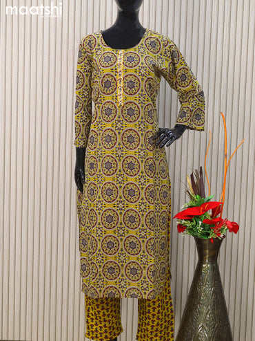 Cotton readymade salwar suits yellow and navy blue with allover ajrakh prints & simple neck pattern and straight cut pant & cotton dupatta