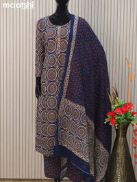 Cotton readymade salwar suits dark blue with allover ajrakh prints & simple neck pattern and straight cut pant & cotton dupatta