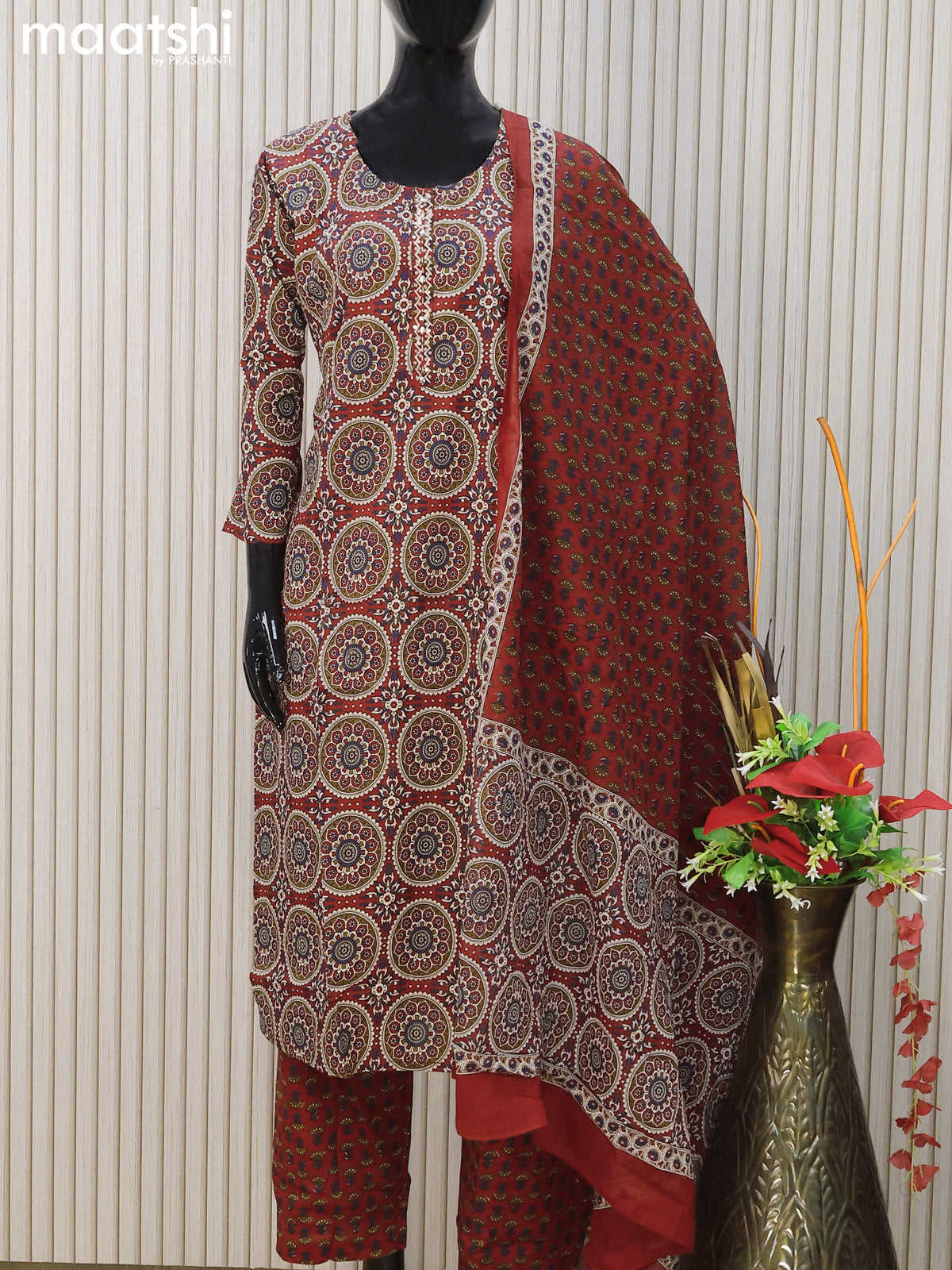 Cotton readymade salwar suits red and navy blue with allover ajrakh prints & simple neck pattern and straight cut pant & cotton dupatta