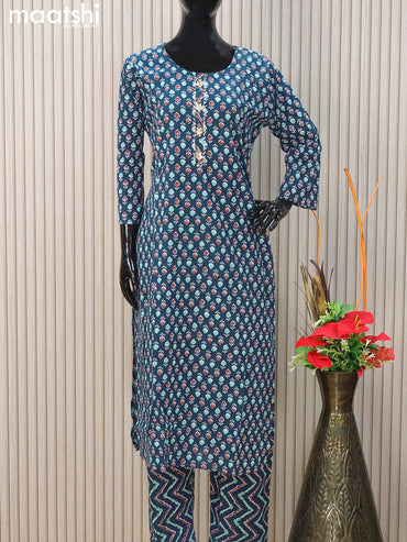 Cotton readymade salwar suits peacock blue with allover butta prints & simple neck pattern and straight cut pant & cotton dupatta