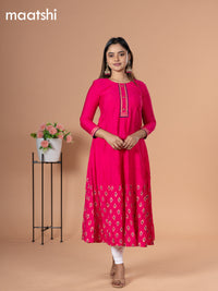 Rayon readymade anarkali kurti pink with golden butta prints & simple neck pattern without pant