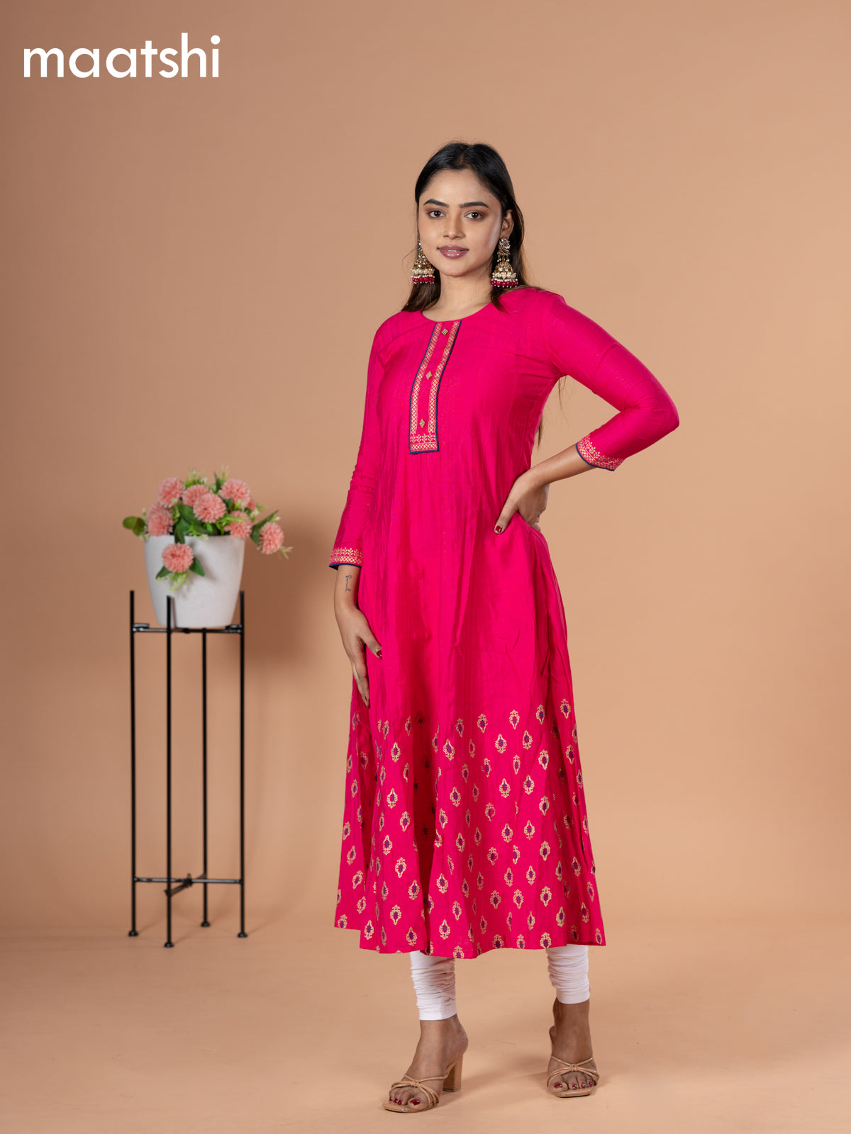 Rayon readymade anarkali kurti pink with golden butta prints & simple neck pattern without pant