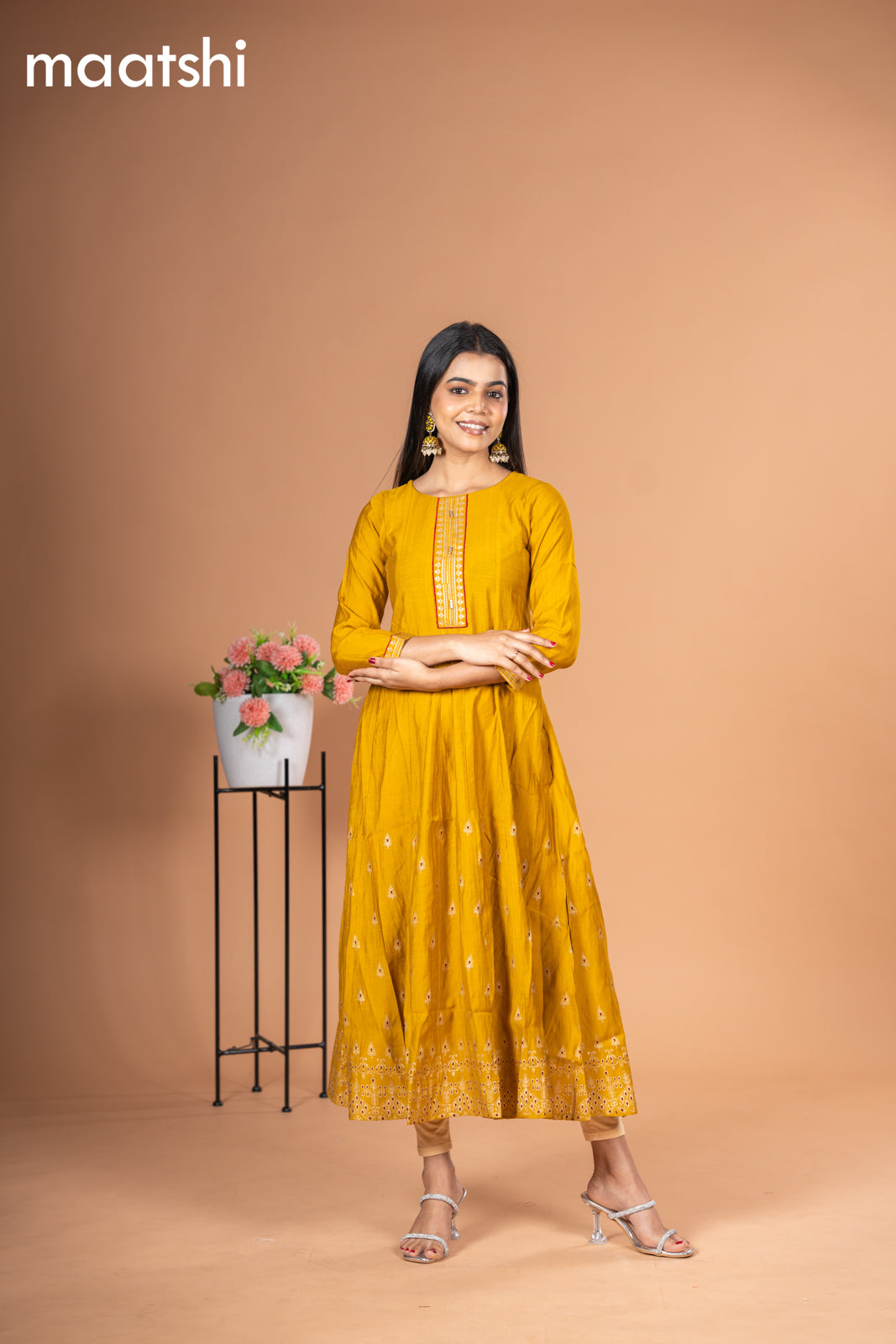 Rayon readymade anarkali kurti mustard yellow with golden butta prints & simple neck pattern without pant