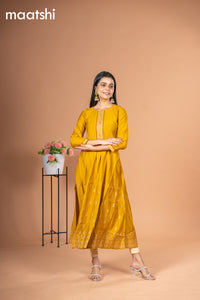 Rayon readymade anarkali kurti mustard yellow with golden butta prints & simple neck pattern without pant