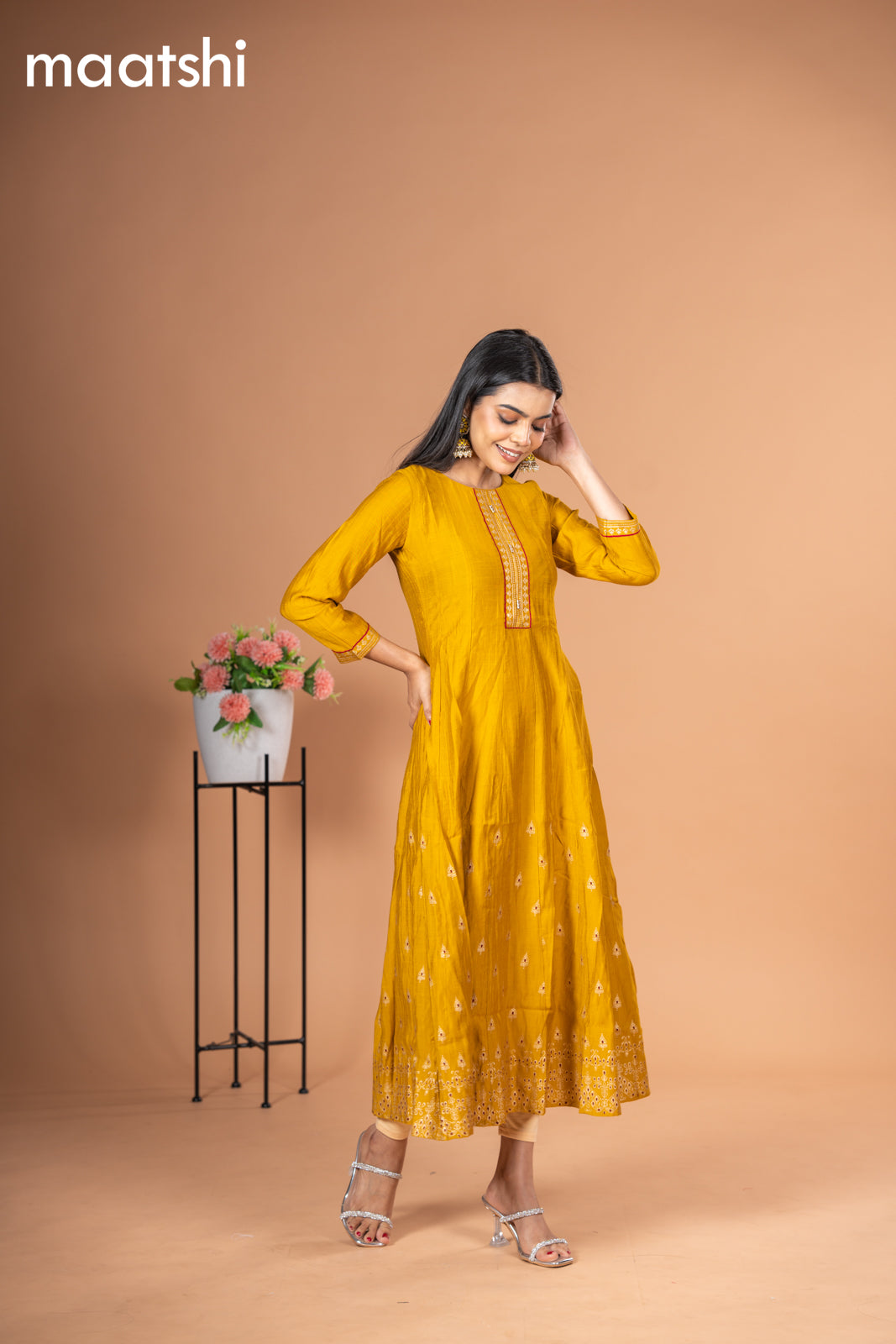 Rayon readymade anarkali kurti mustard yellow with golden butta prints & simple neck pattern without pant