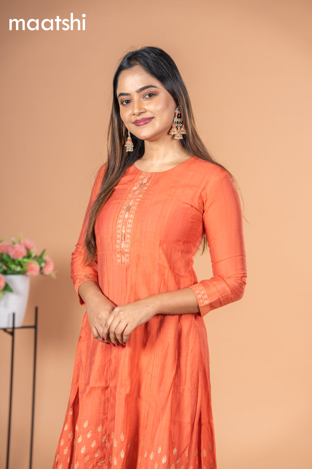 Rayon readymade anarkali kurti peach orange with golden butta prints & simple neck pattern without pant