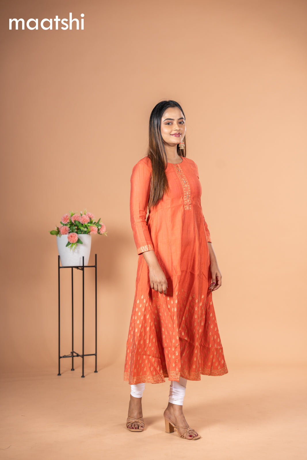 Rayon readymade anarkali kurti peach orange with golden butta prints & simple neck pattern without pant