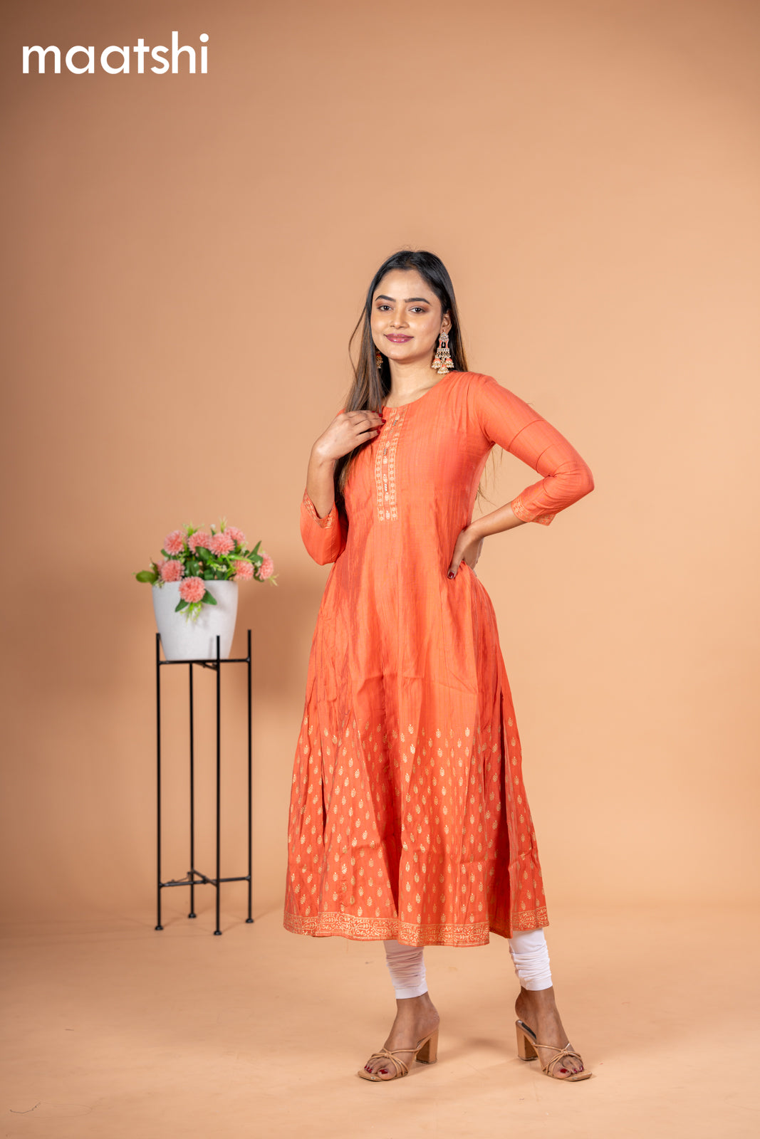 Rayon readymade anarkali kurti peach orange with golden butta prints & simple neck pattern without pant