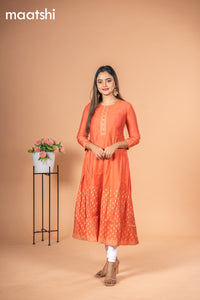 Rayon readymade anarkali kurti peach orange with golden butta prints & simple neck pattern without pant