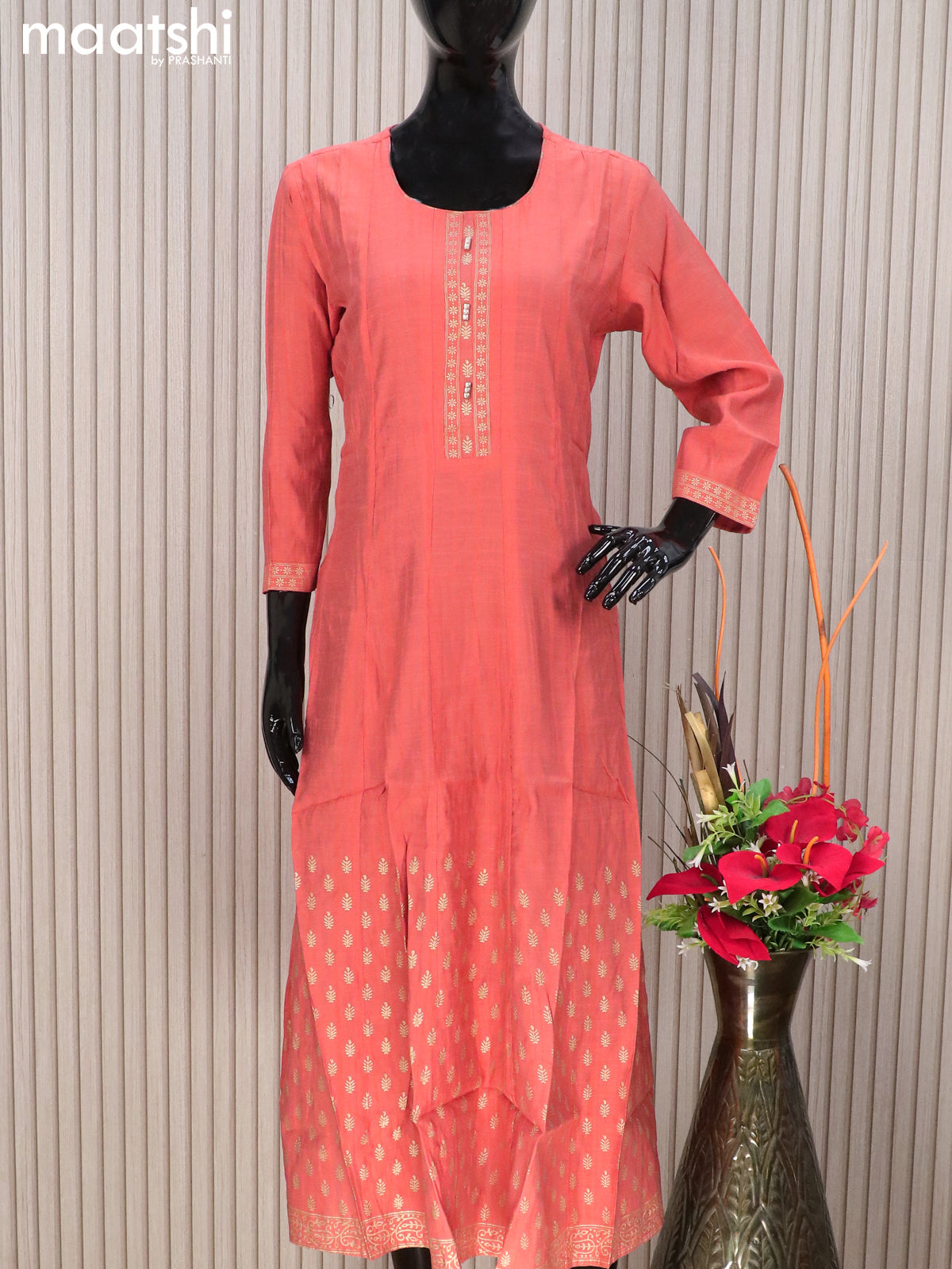 Rayon readymade anarkali kurti peach orange with golden butta prints & simple neck pattern without pant