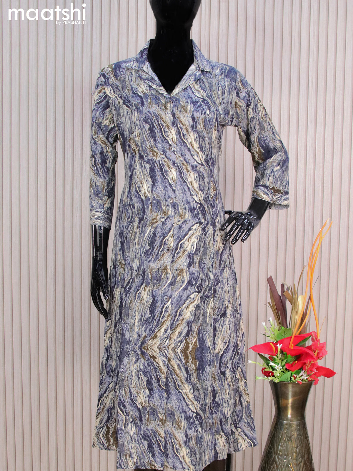 Rayon readymade A-line kurti blue shade with allover prints & collar neck pattern without pant