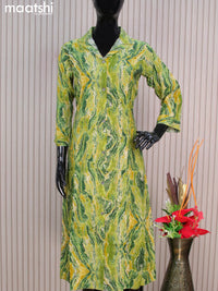 Rayon readymade A-line kurti green and mustard yellow with allover prints & collar neck pattern without pant