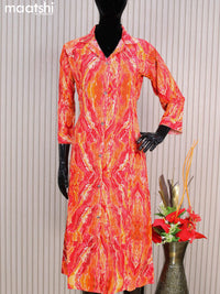 Rayon readymade A-line kurti orange and red with allover prints & collar neck pattern without pant