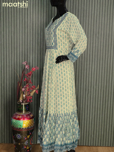 Muslin readymade floor length kurti cream and peacock blue with allover butta prints & sequin work neck pattern without pant