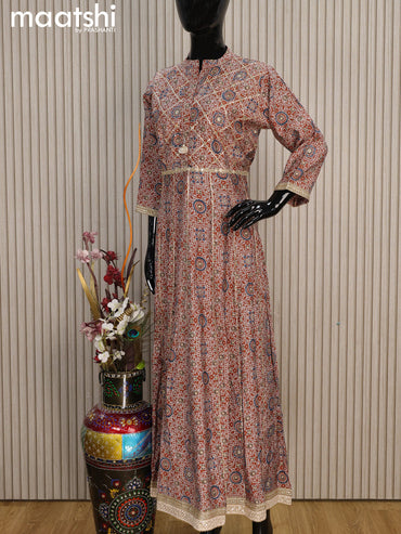 Muslin readymade floor length kurti rust shade with allover prints & simple neck pattern without pant