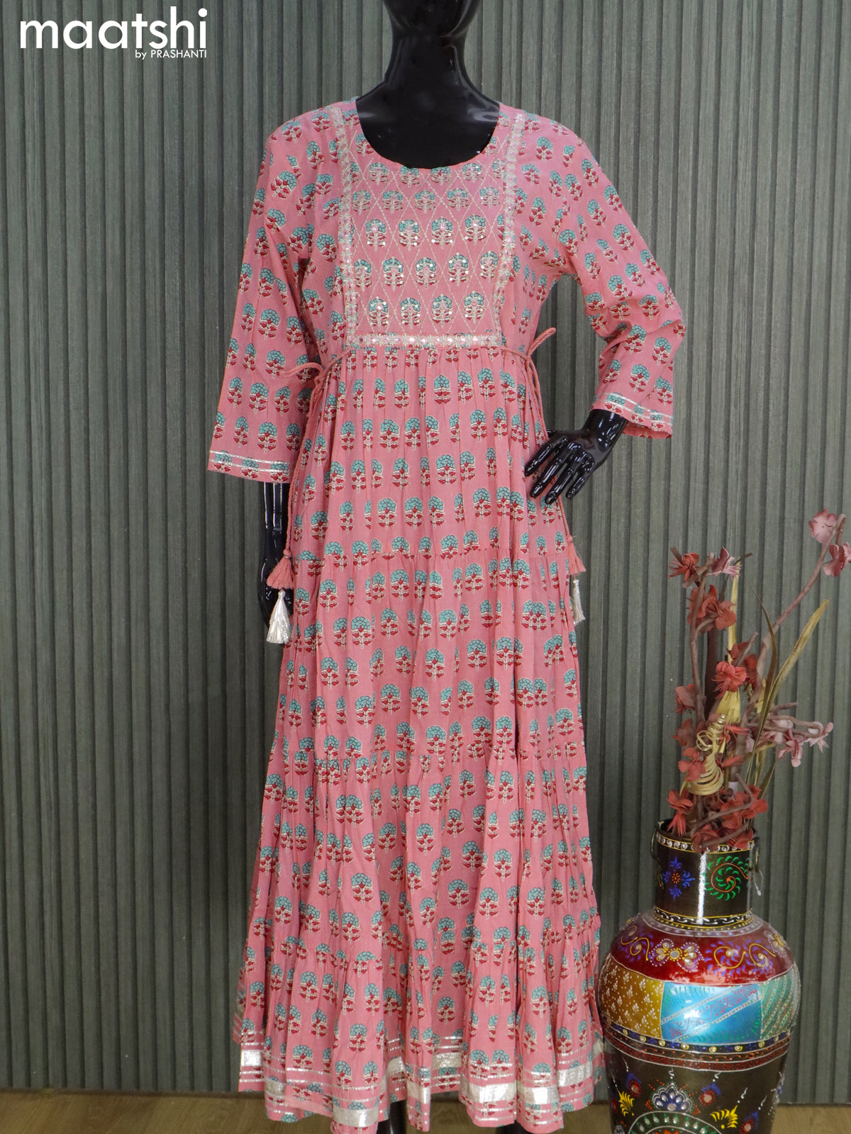 Cotton readymade floor length kurti light pink with floral butta prints & embroidery neck pattern without pant