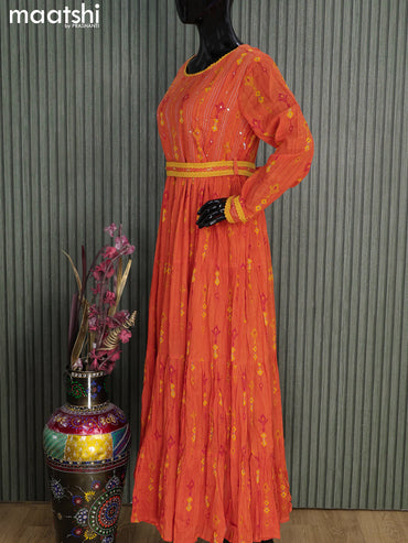 Cotton readymade floor length kurti orange with allover prints & sequin work neck pattern without pant