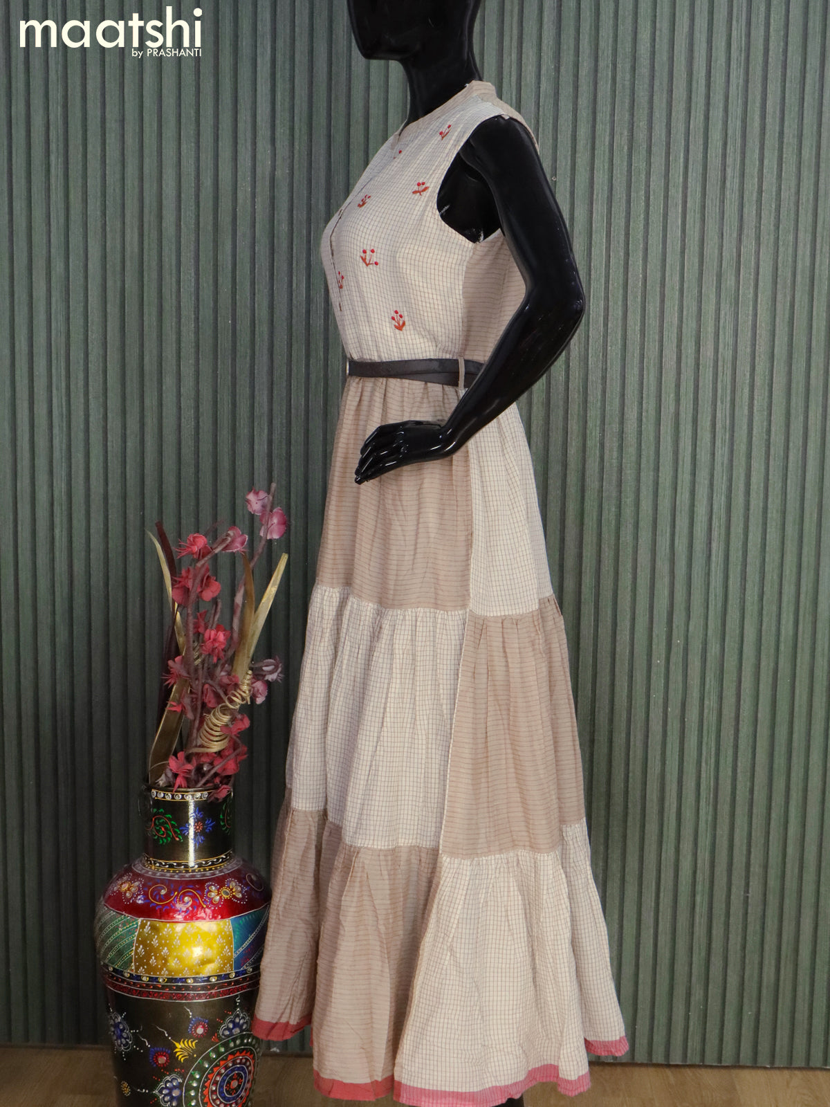 Cotton readymade dress off white with allover checked pattern & embroidery floral work buttas and hip belt