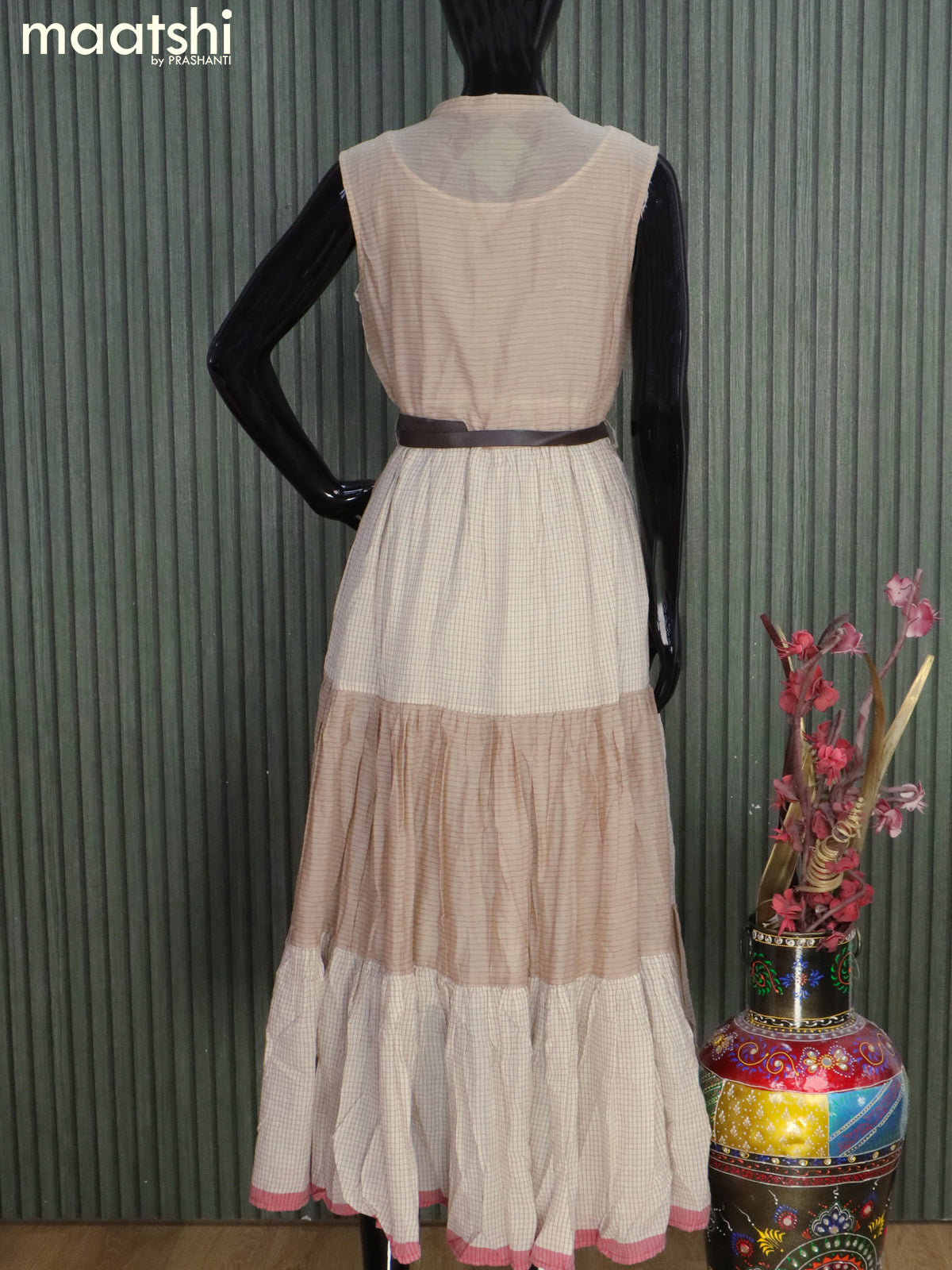 Cotton readymade dress off white with allover checked pattern & embroidery floral work buttas and hip belt