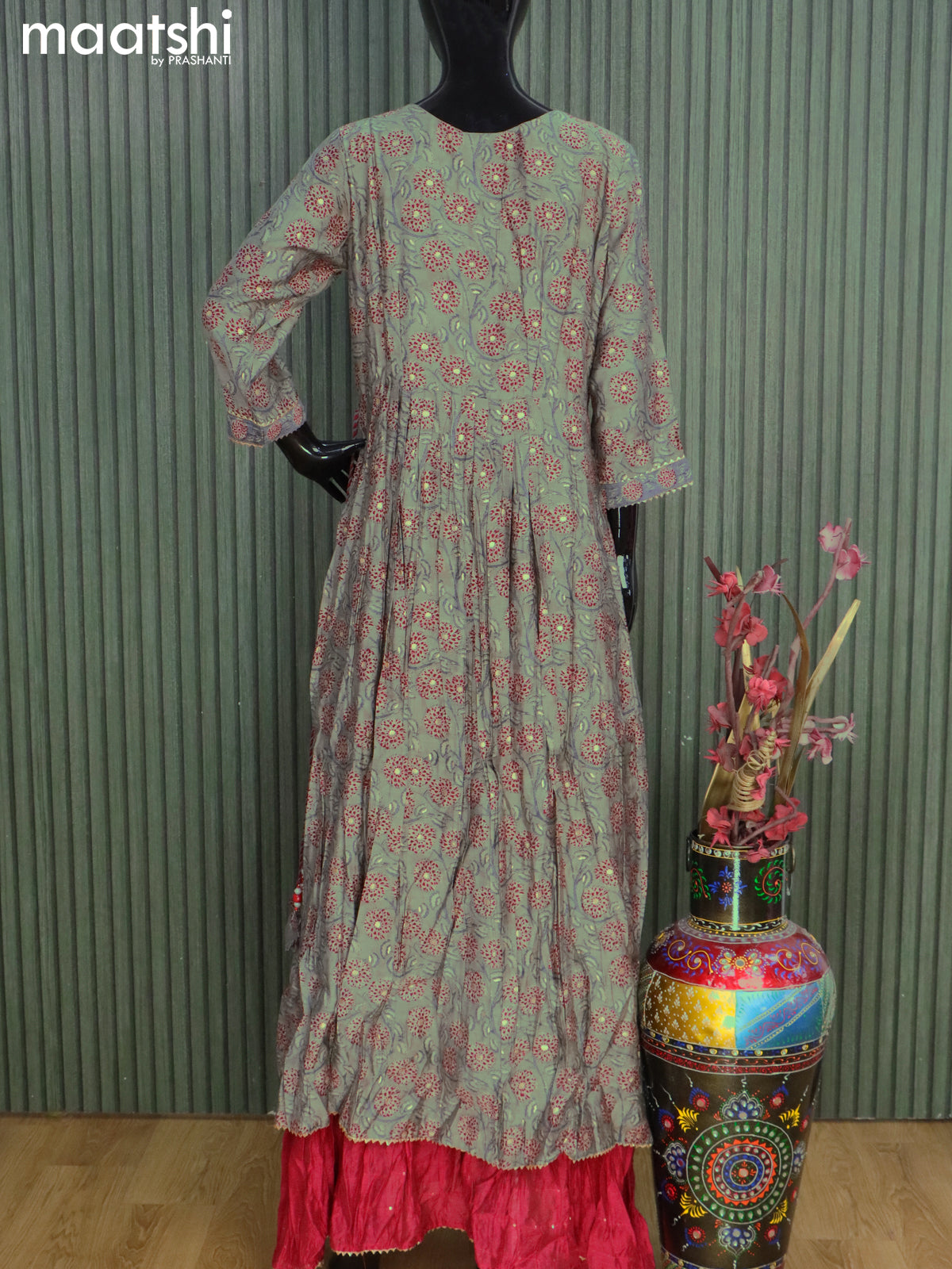 Modal readymade floor length kurti grey and maroon with allover prints & sequin beaded work neck pattern without pant