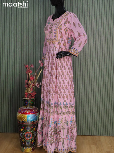 Muslin readymade floor length kurti pastel pink with allover prints & sequin embroidery work neck pattern without pant