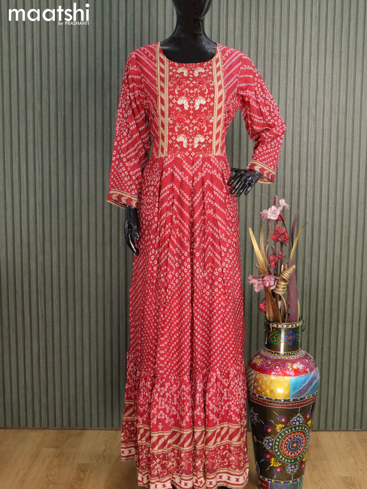 Muslin readymade floor length kurti maroon with allover bandhani prints & embroidery work neck pattern without pant