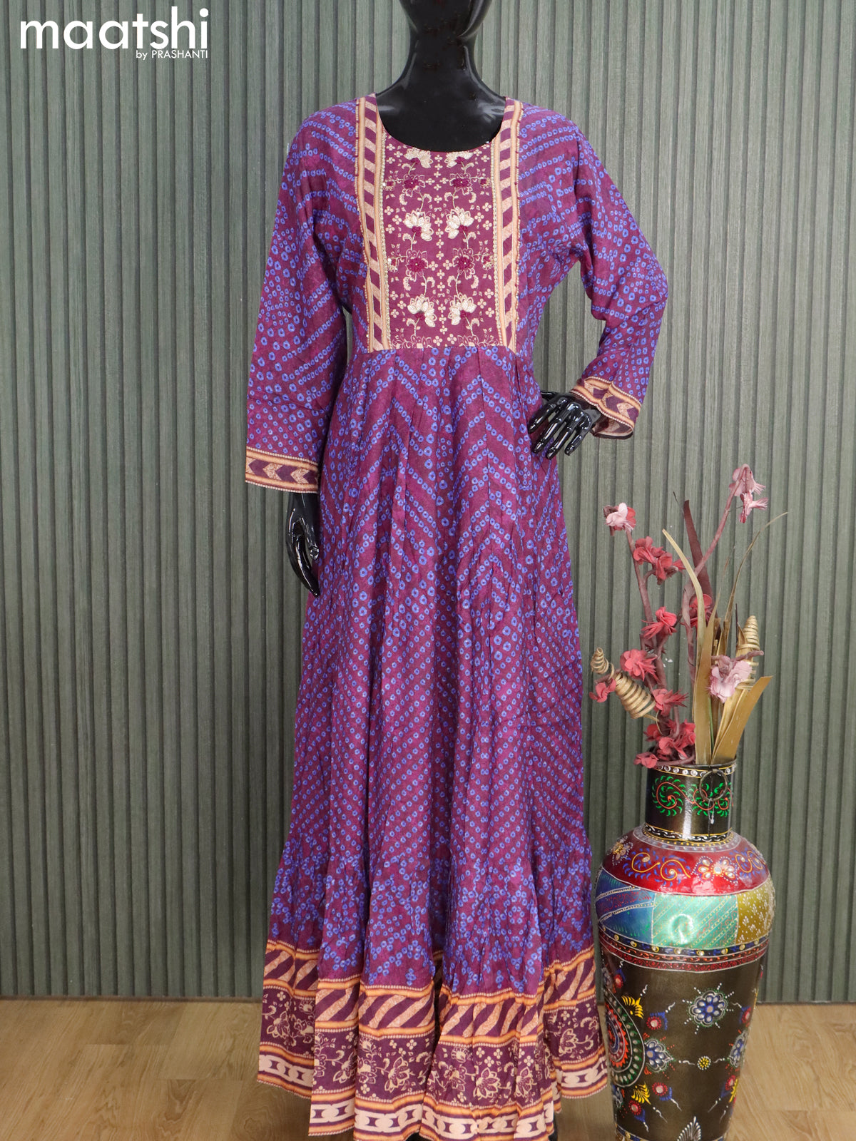 Muslin readymade floor length kurti deep purple with allover bandhani prints & embroidery work neck pattern without pant