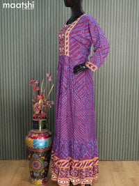 Muslin readymade floor length kurti deep purple with allover bandhani prints & embroidery work neck pattern without pant