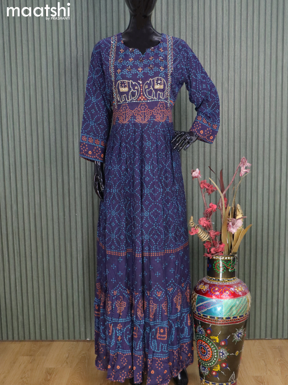 Muslin readymade floor length kurti dark blue with allover bandhani prints & elephant design neck pattern without pant