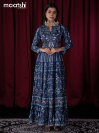 Muslin readymade floor length kurti blue with allover prints & sequin work neck pattern without pant