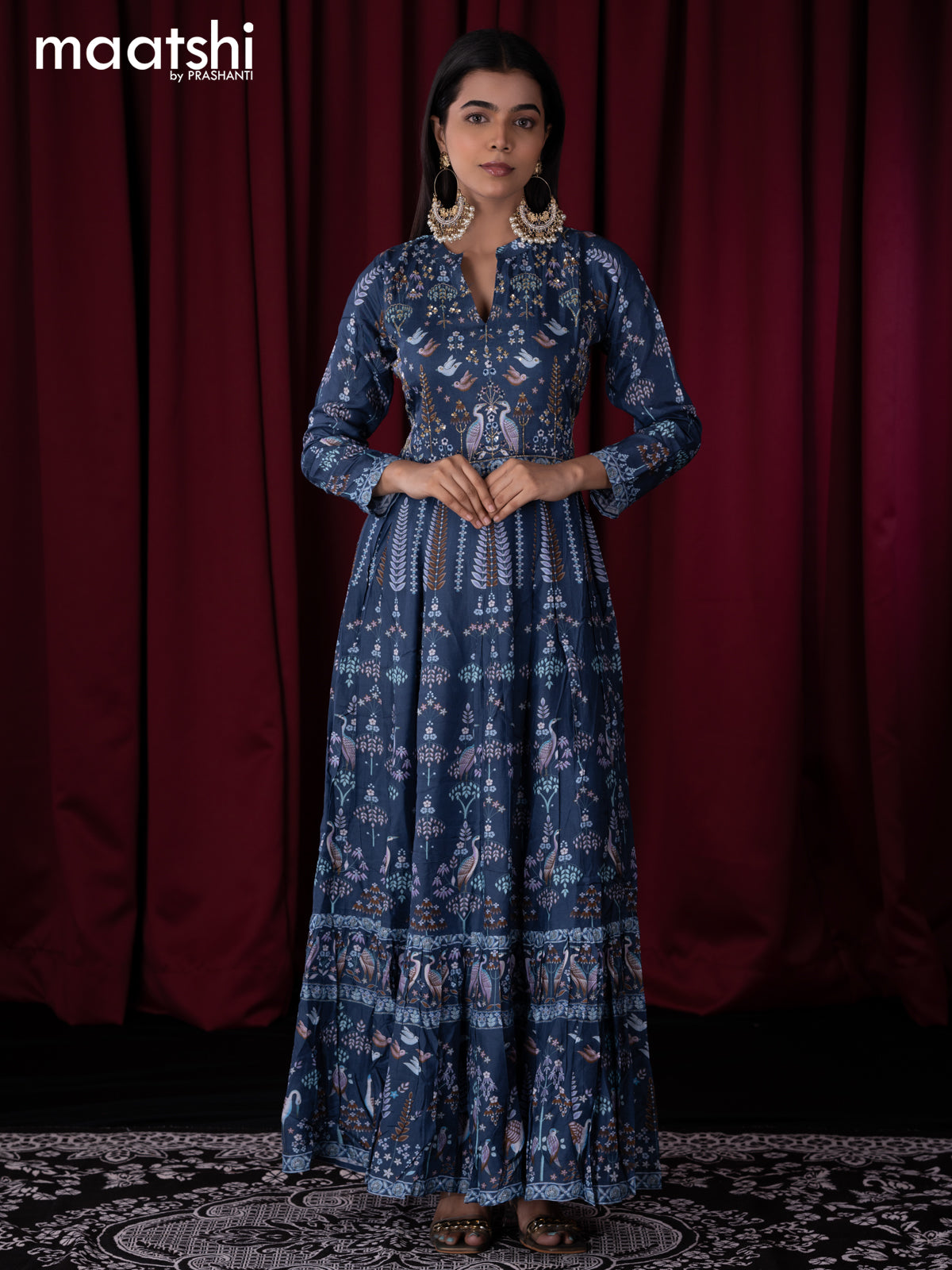 Muslin readymade floor length kurti blue with allover prints & sequin work neck pattern without pant