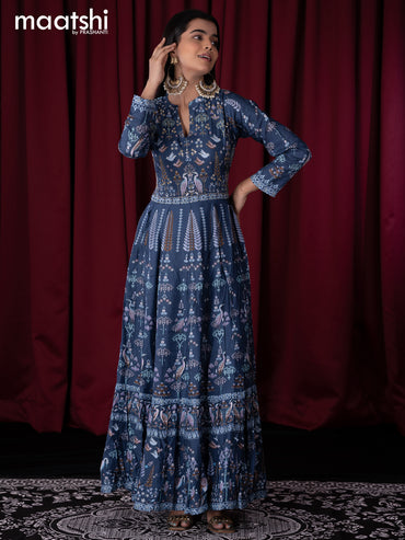 Muslin readymade floor length kurti blue with allover prints & sequin work neck pattern without pant