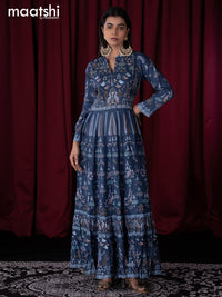 Muslin readymade floor length kurti blue with allover prints & sequin work neck pattern without pant