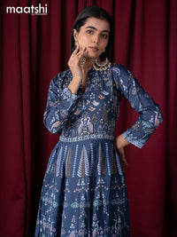 Muslin readymade floor length kurti blue with allover prints & sequin work neck pattern without pant