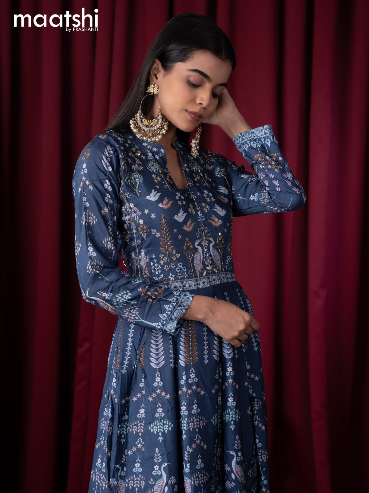 Muslin readymade floor length kurti blue with allover prints & sequin work neck pattern without pant