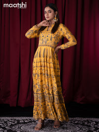 Muslin readymade floor length kurti yellow with allover prints & sequin work neck pattern without pant