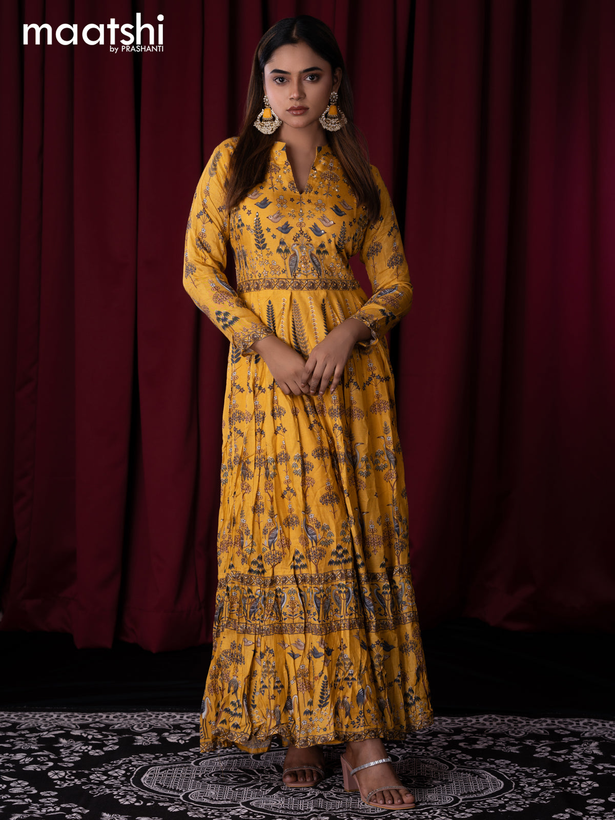 Muslin readymade floor length kurti yellow with allover prints & sequin work neck pattern without pant