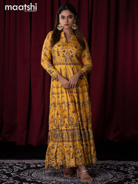 Muslin readymade floor length kurti yellow with allover prints & sequin work neck pattern without pant