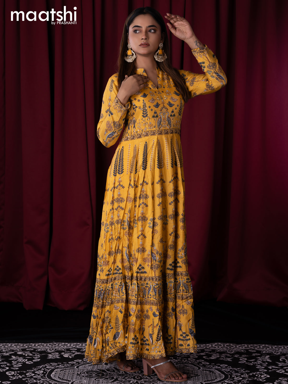 Muslin readymade floor length kurti yellow with allover prints & sequin work neck pattern without pant