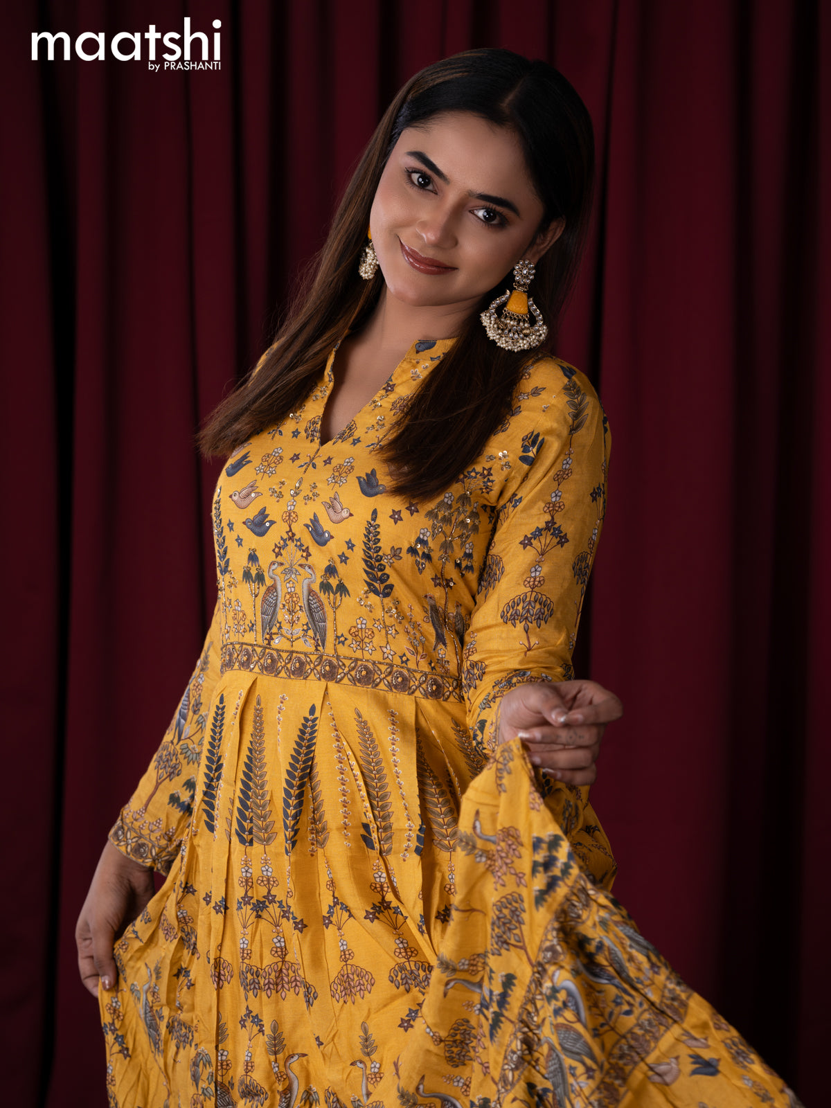 Muslin readymade floor length kurti yellow with allover prints & sequin work neck pattern without pant