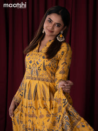 Muslin readymade floor length kurti yellow with allover prints & sequin work neck pattern without pant