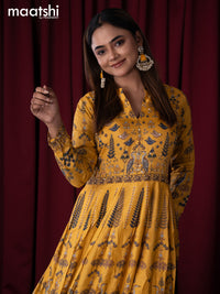 Muslin readymade floor length kurti yellow with allover prints & sequin work neck pattern without pant