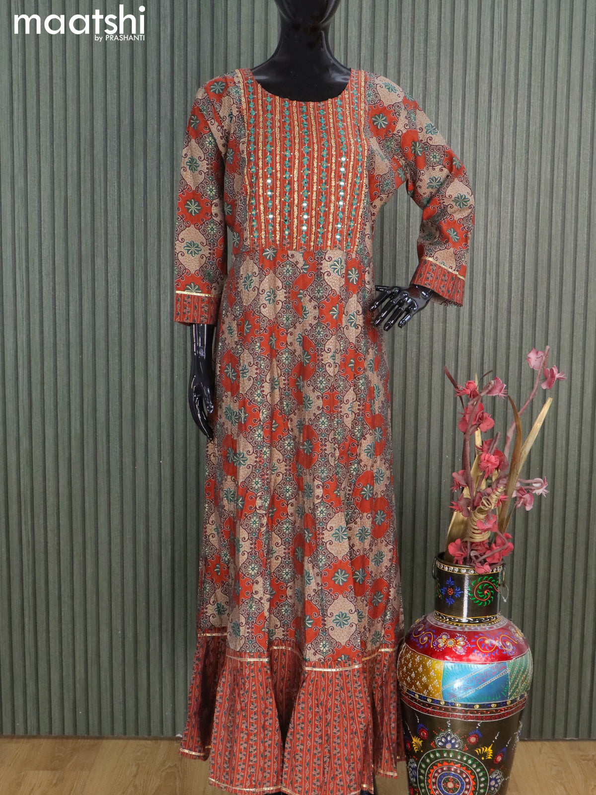 Muslin readymade floor length kurti rustic orange and beige with allover prints & embroidery mirror work neck pattern without pant